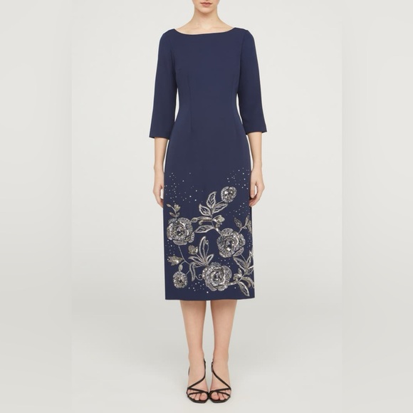 JS Collections Delilah Floral Beaded Cocktail Midi Dress Navy Blue NWT Size 18 - Picture 1 of 7